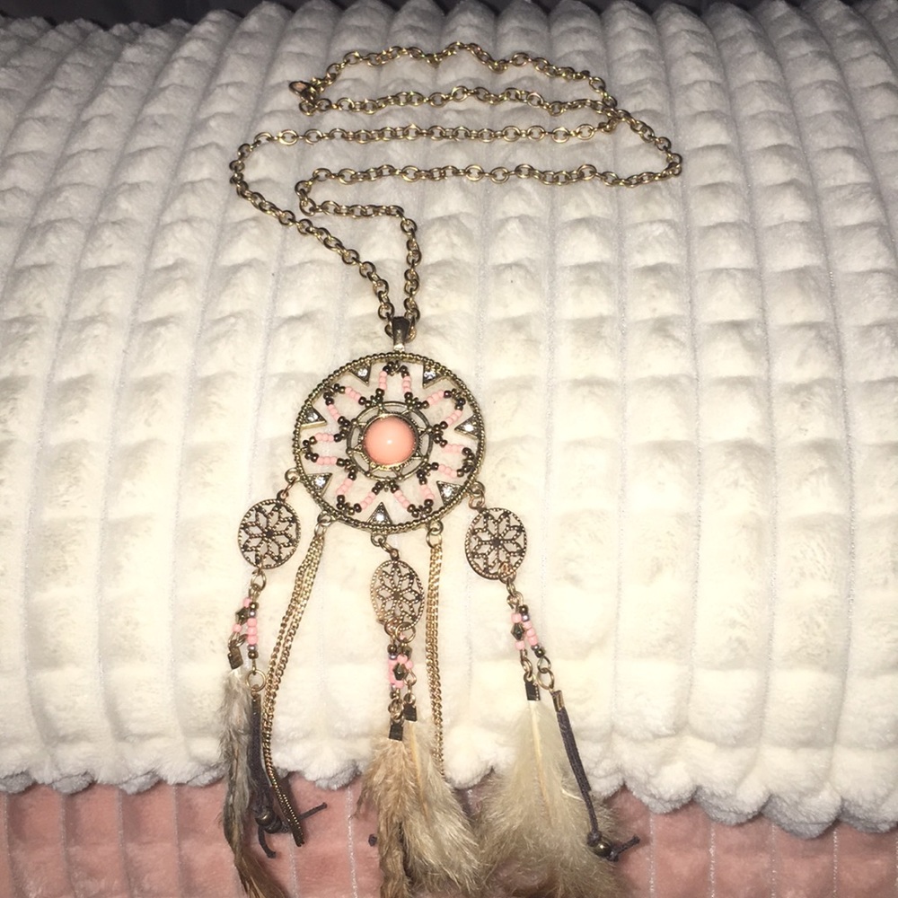 Dream catcher necklace with long gold chain. New